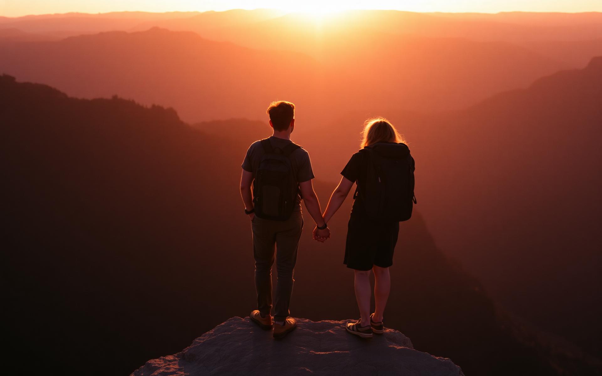 Afonso e Thamires de mãos dadas vendo o pôr do sol de um mirante